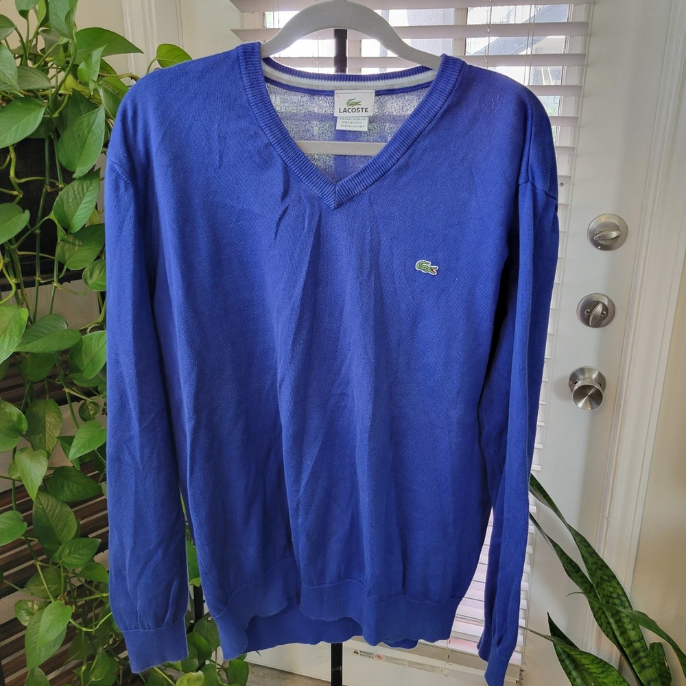 Lacoste Mens Blue V-Neck Cotton Knit Sweater Size 6 Logo Pullover